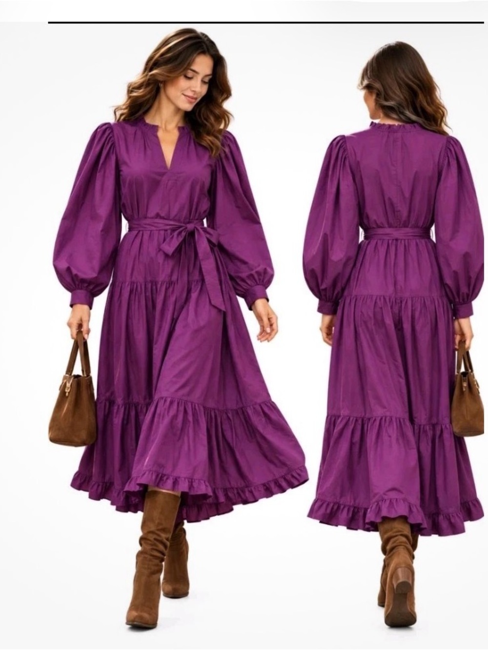 Purple Long Sleeve Tiered Maxi Dress with Waist Tie